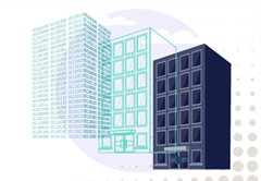 Graphic illustration showing a building, its digital twin and a third representation in binary